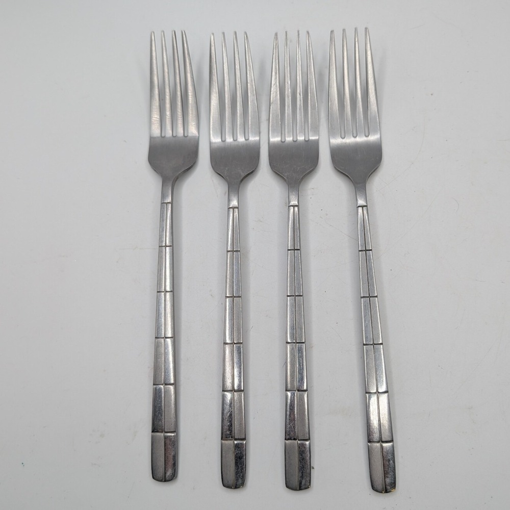 Cambridge Landscape Dinner Forks Silver Stainless Steel Grid Pattern Set of 4 8"